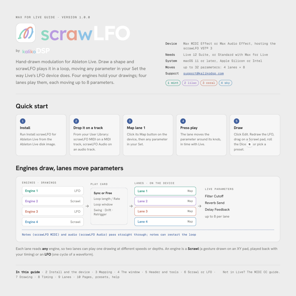 The Max for Live guide's first page: quick start and how engines and lanes fit together